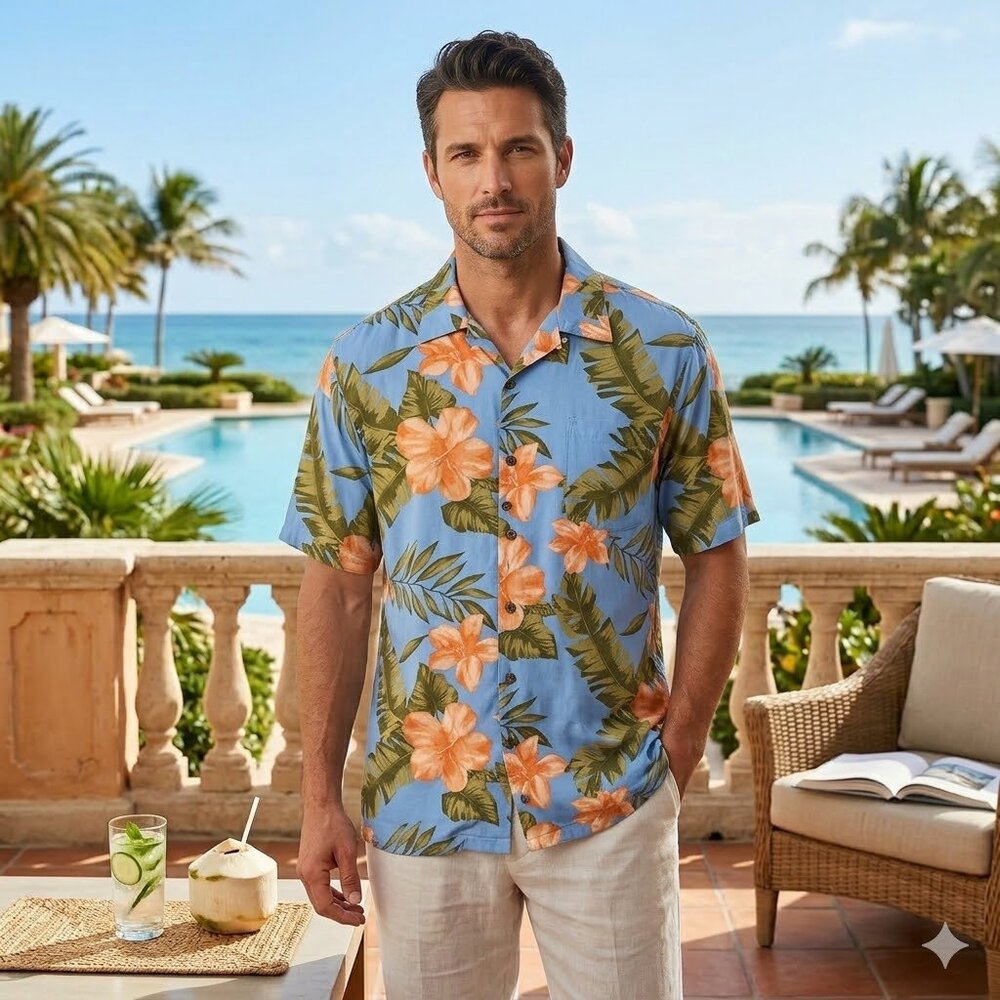 Panama Jack Men’s 2XL Blue & Orange Tropical Palm Rayon Hawaiian Shirt